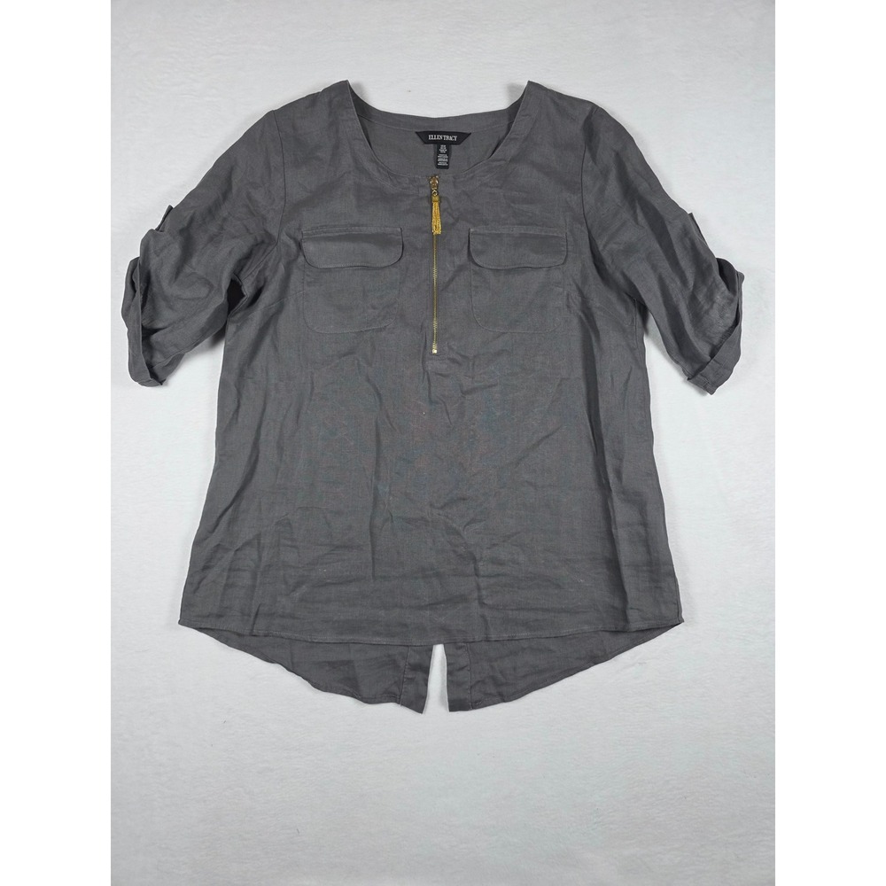Ellen Tracy 100% Linen Blouse Roll Tab Top Medium Grey Gold Zip Tunic Lagenlook